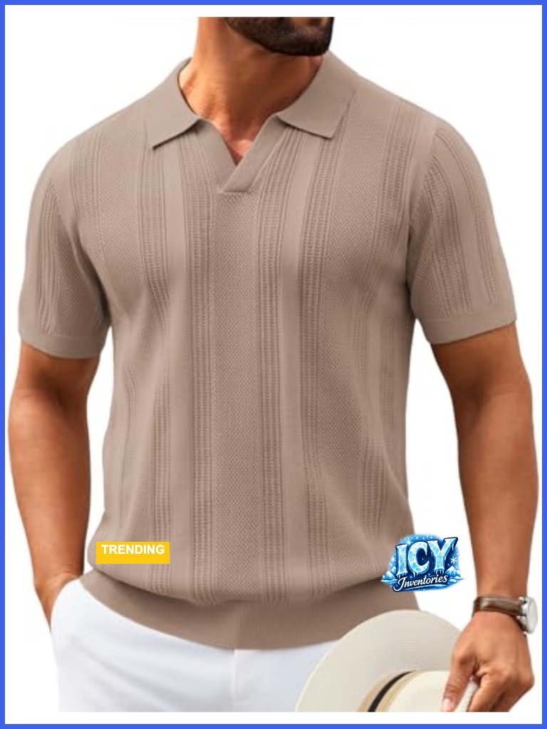 Mens Knit Polo Shirt V Neck Short Sleeve Breathable Casual Textured Collared